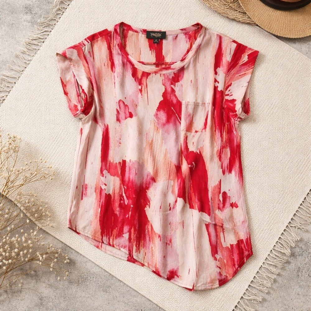 Hale Bob M Abstract Brushstroke Asymmetrical Hem Cap Sleeve Top Red Tan Med - Picture 3 of 11